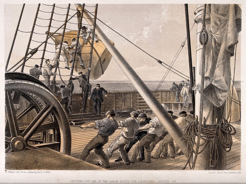 Laying a cable on the Atlantic seabed: the crew of the Great Eastern launching a buoy in an attempt to retrieve a lost cable. Coloured lithograph by E. Walker, 1866, after R.C. Dudley., 1856, by Robert Charles Dudley