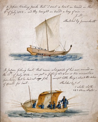 Ship-building: two types of Japanese boat. Drawing by J. Smith, c.1833.