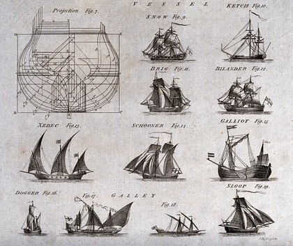 Ship-building: detail showing various types of ship, Brig, Billander, Dogger, Galley, Galliot, Schooner, Sloop, Xebec. Engraving by J. Taylor.