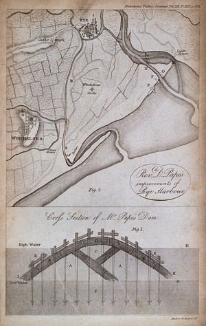 view Civil engineering: a plan to improve the silted-up harbour at Rye, Kent. Engraving by Mutlow.