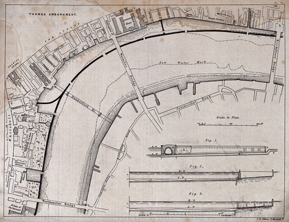 A plan of the Thames Embankment, from Blackfriars Bridge to Westminster Bridge, with sections at three points. Lithograph by J. R. Jobbins after Sir J. Bazalgette.