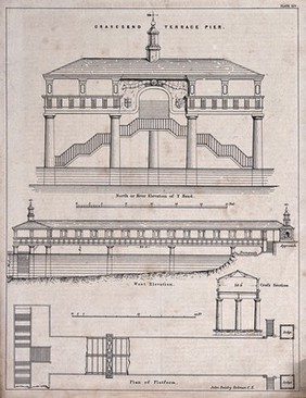 A design for a [ferry?] pier at Gravesend, Kent. Lithograph after J. B. Redman.