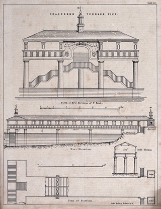 A design for a [ferry?] pier at Gravesend, Kent. Lithograph after J. B. Redman.