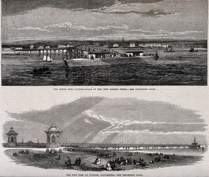 view Civil engineering: the Mersey Ferry landing stage (top), and the pier at Lytham (below). Wood engraving after [H.R.].