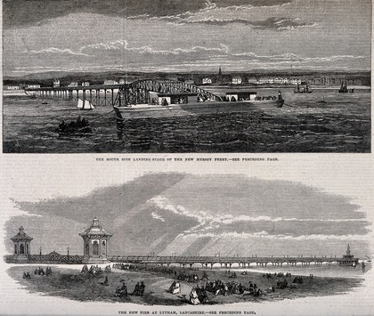 Civil engineering: the Mersey Ferry landing stage (top), and the pier at Lytham (below). Wood engraving after [H.R.].