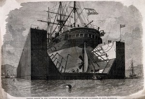 view Civil engineering: a floating dock in Spain. Wood engraving, 1862.