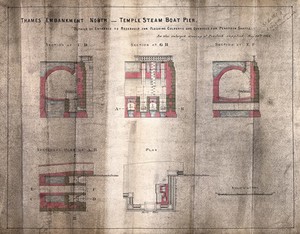 view Civil engineering: construction drawings for the Thames Embankment. Coloured drawing, 1865, after Sir J. Bazalgette.