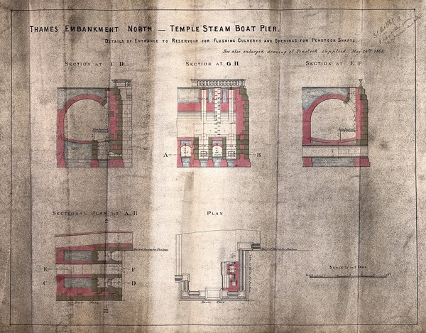 Civil engineering: construction drawings for the Thames Embankment. Coloured drawing, 1865, after Sir J. Bazalgette.