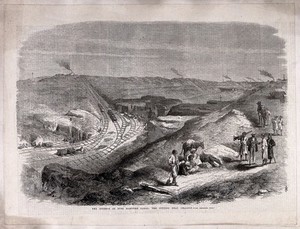 view Civil engineering: work on the Suez canal. Wood engraving by M. Jackson, c.1864.