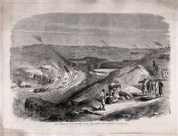 Civil engineering: work on the Suez canal. Wood engraving by M. Jackson, c.1864.