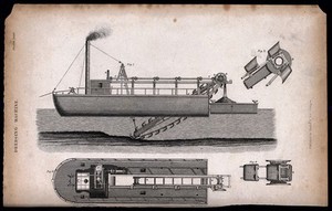 view Civil engineering: a steam-powered dredger in side elevation and plan, with details of the scoop. Engraving by Gray & son after G. Whitelaw.