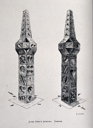 Clocks: a large carved stone gnomon, dated 1714, on Lord Reay's estate at Tongue. Lithograph after a drawing by C. G. Loch.