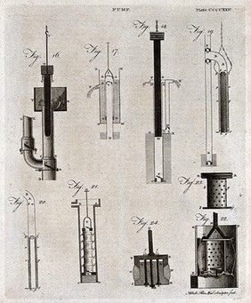 Hydraulics: various designs for pumps. Engraving by A. Bell.