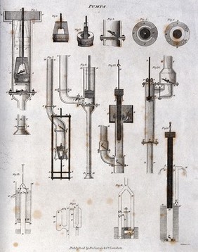 Hydraulics: a pump for sanitary use [?]. Engraving by G. Daws.
