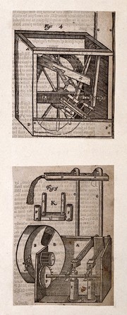Hydraulics: two human-driven [?] pumps. Woodcut, 1659.