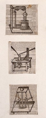 Hydraulics: three devices. Woodcut, 1659.