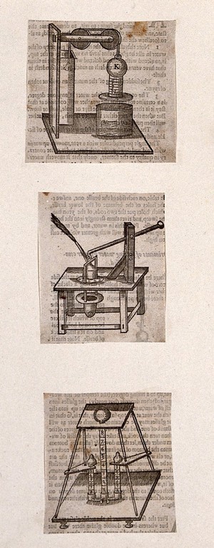 view Hydraulics: three devices. Woodcut, 1659.