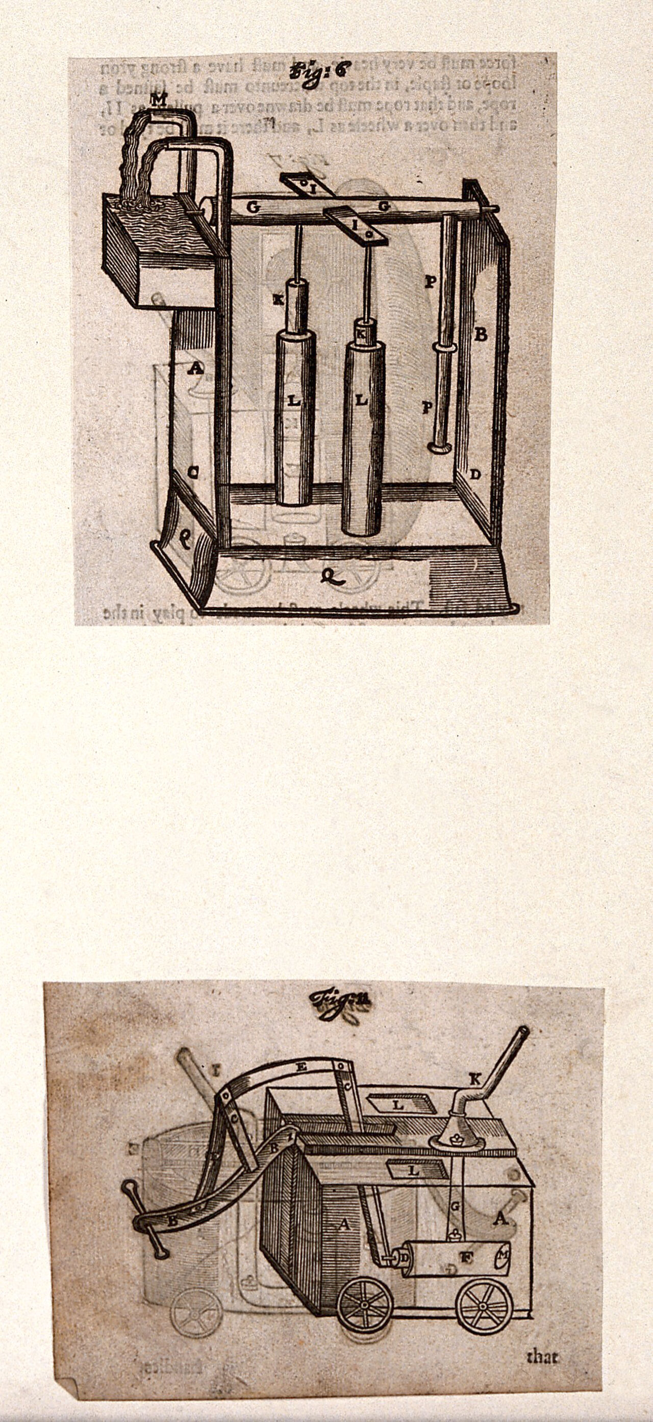 Hydraulics: two devices, a pump (top), and a wheeled vehicle (below). Woodcut 1659., by Isaac de Caus