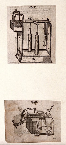 Hydraulics: two devices, a pump (top), and a wheeled vehicle (below). Woodcut 1659.
