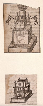Hydraulics: two devices. Woodcut, 1659.