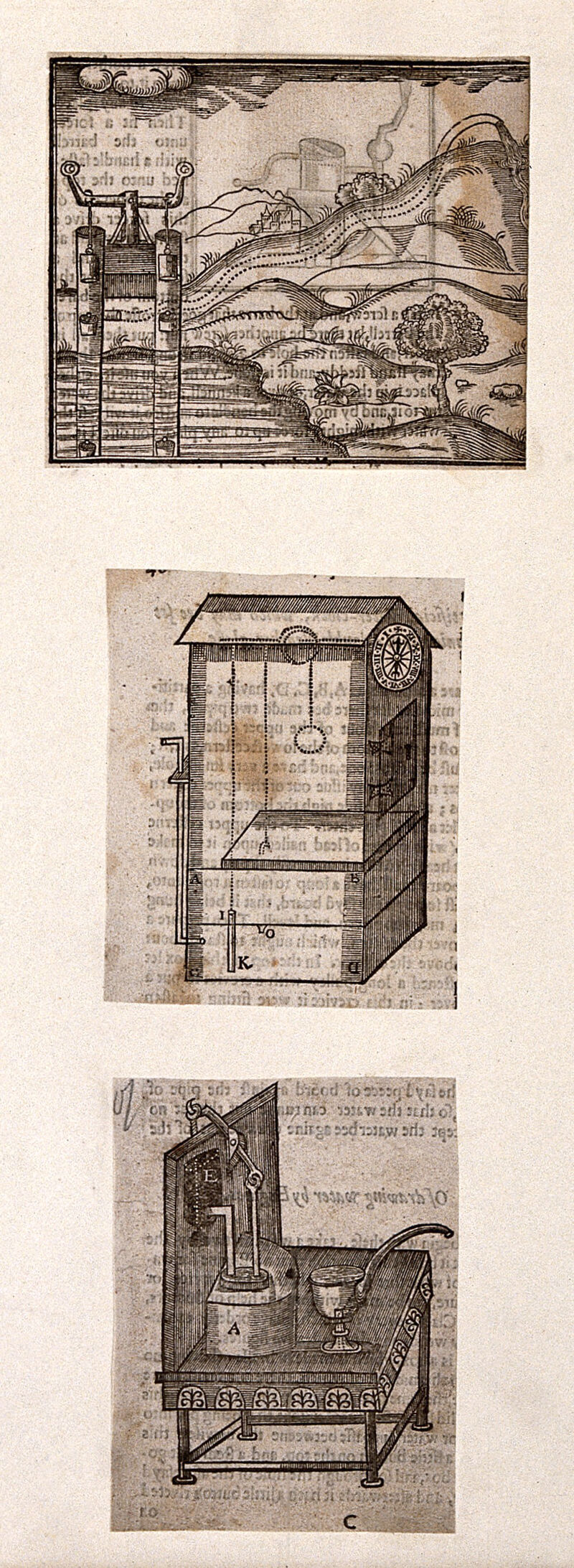 Hydraulics: three devices, including a pump, a clock, and a drinking fountain. Woodcut, 1659., 1659, by Isaac de Caus