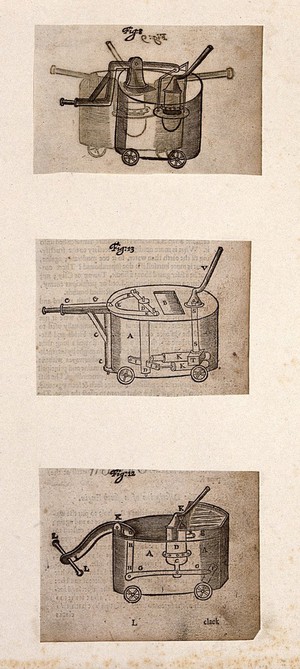 view Hydraulics: three fire-engines [?]. Woodcut, 1659.