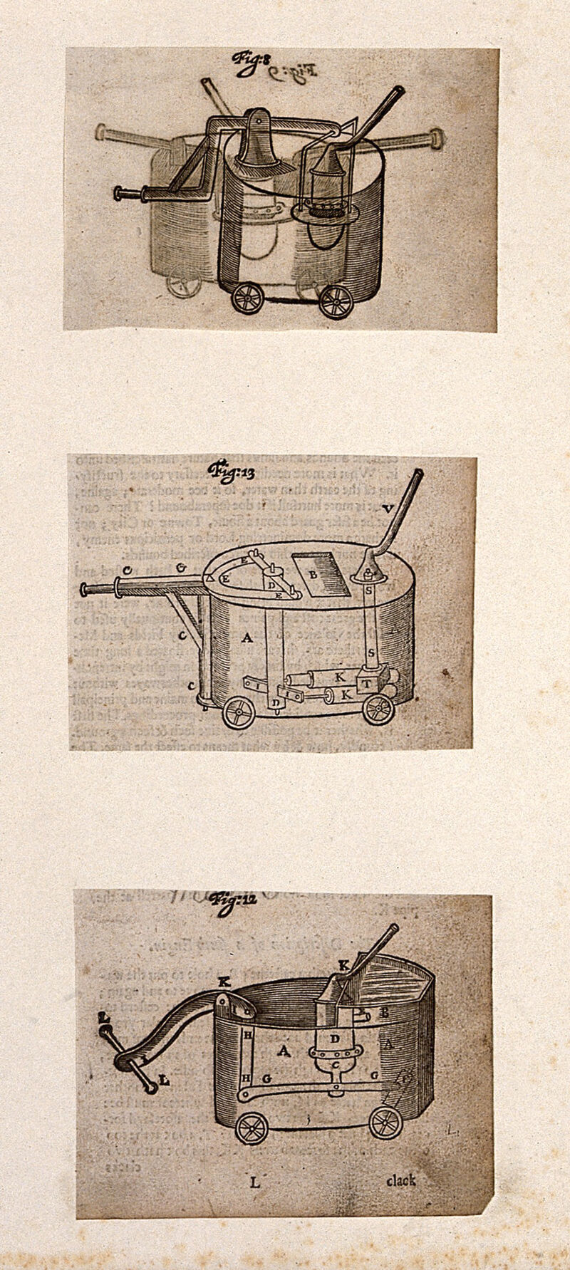 Hydraulics: three fire-engines [?]. Woodcut, 1659., 1659, by Isaac de Caus