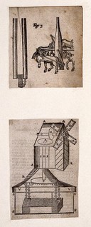 Hydraulics: two devices. Woodcut, 1659.