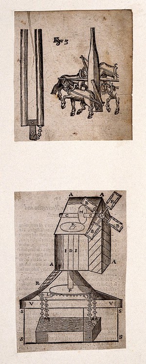 view Hydraulics: two devices. Woodcut, 1659.