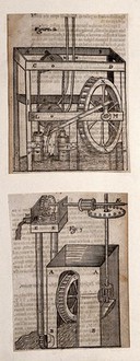 Hydraulics: two devices. Woodcut, 1659.