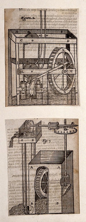 view Hydraulics: two devices. Woodcut, 1659.