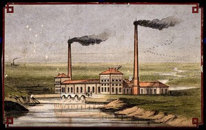 view Engineering: a large pumping station. Coloured lithograph, [post 1875].