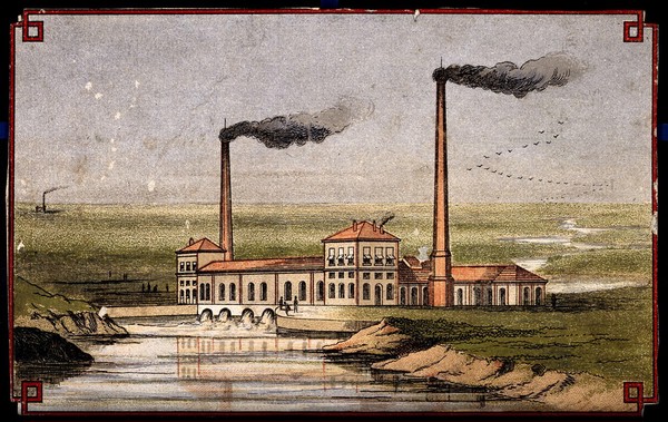 Engineering: a large pumping station. Coloured lithograph, [post 1875].