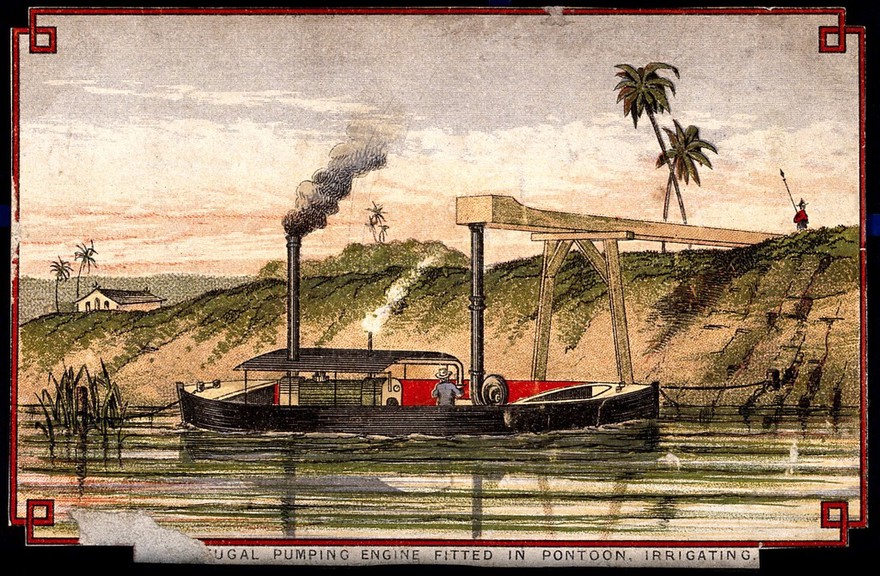 Engineering: a portable pumping engine, used in Egypt. Coloured lithograph, [post 1875].