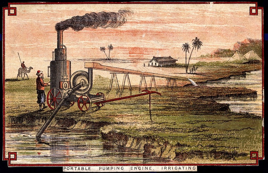 Engineering: a portable pumping engine, used in Egypt. Coloured lithograph, [post 1875].