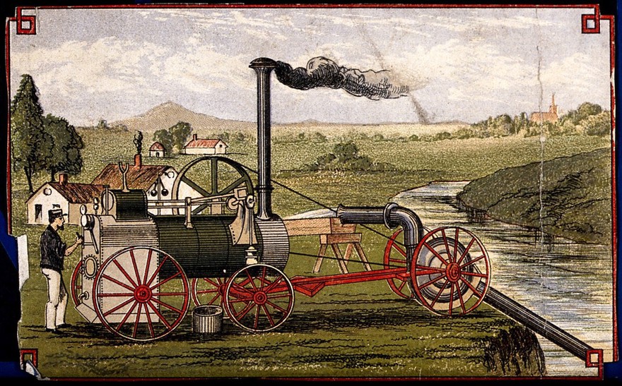 Engineering: a steam engine, with a pump irrigating fields. Coloured lithograph, [post 1875].