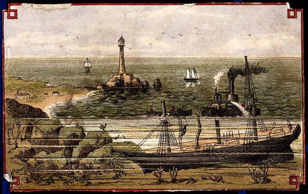 Engineering: a lighthouse, with a pump clearing a wreck. Coloured lithograph, [post 1875].