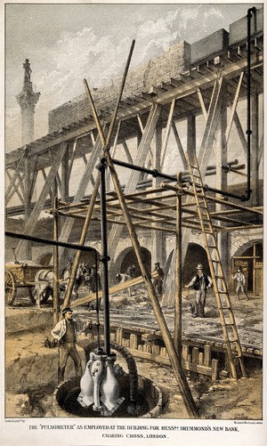 view Engineering: a steam-driven pump in use on a building site in Spring Gardens, Charing Cross. Coloured lithograph by Maclure and Macdonald, 1879.