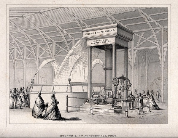 Engineering: a powerful water pump on display at an exhibition. Engraving, [c.1865?].