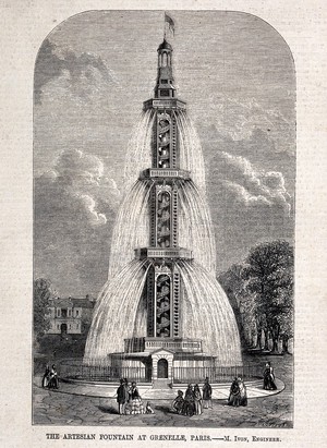 view Hydraulics: a fountain at Grenelle, Paris, with spectators. Wood engraving by C. W. Sheeres, 1857.