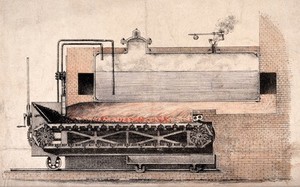 view Engineering: a patent furnace with continuous solid-fuel feed. Coloured lithograph.