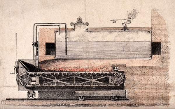 Engineering: a patent furnace with continuous solid-fuel feed. Coloured lithograph.