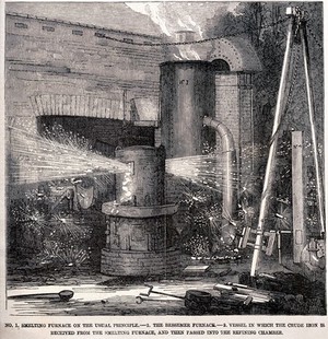 view Engineering: the Bessemer smelting furnace installed at Baxter House, St Pancras Road, London. Wood engraving, 1856.