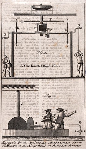 A hand-powered milling machine, worked by two labourers. Engraving, 174-.