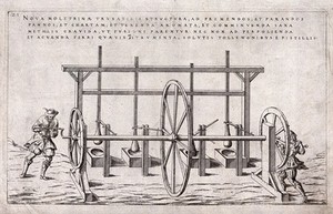 view A hand mill with four mortars operated by two assistants. Engraving, 16--, after J. Besson.