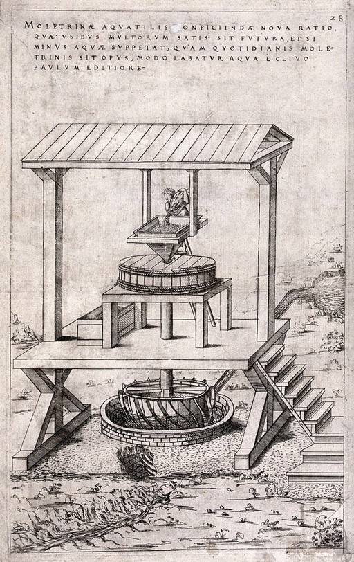 A grinding mill operated by water power. Engraving, 16--, after J. Besson.