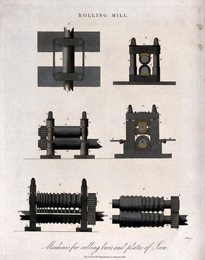 view Engineering: rolling mills for iron. Engraving by J. Pass, 1826.