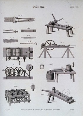 Side elevation (top) and plan (bottom) of a wire mill: both lettered for a key. Engraving by W. Lowry, 1820, after Farey the younger.
