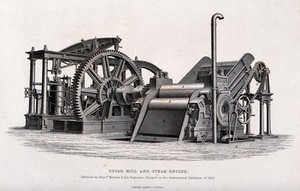 view Machinery: a steam-driven sugar mill. Engraving by J. S. Virtue, 1862.