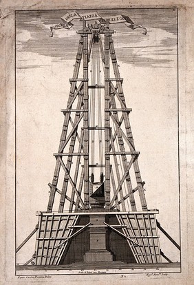 Machinery: plan and elevation of scaffolding erected to raise an obelisk in Rome. Engraving by A. Specus, after D. Fontana.